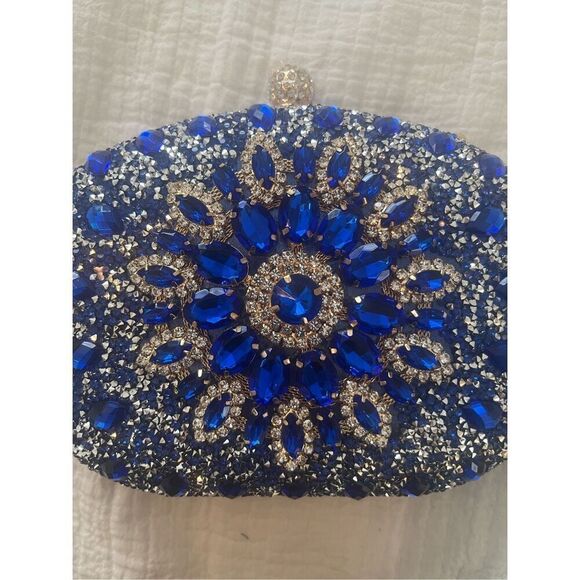 Ramla handmade Sparkling Blue Simulate Diamond Womens Clutch Handbag with strap - Picture 2 of 11